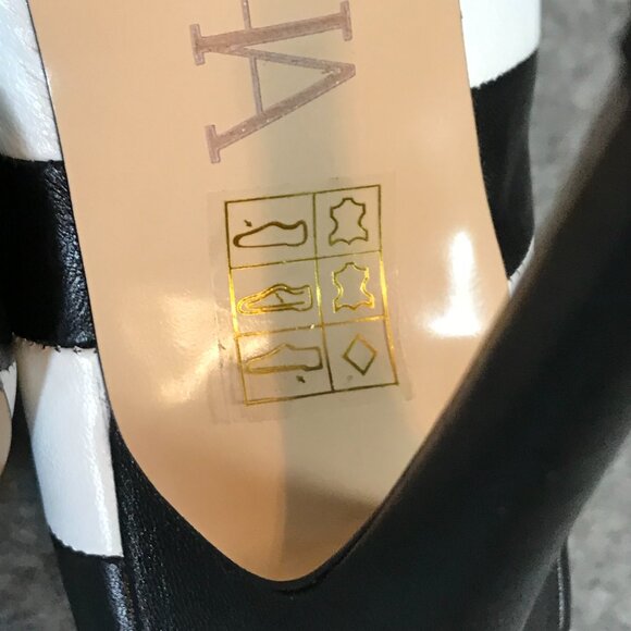 Sasha New York Leather Black and White Stripes Heel Peep Toe Shoes - Picture 10 of 12